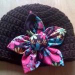Crocheted Hat Brown With Fabric Flower